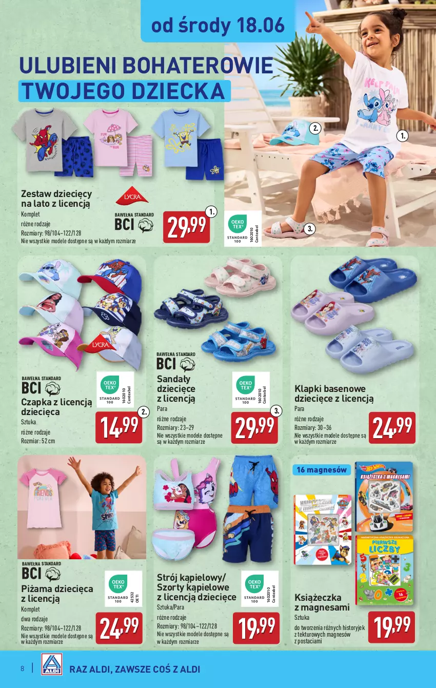 Gazetka promocyjna Aldi - Artykuły przemysłowe i tekstylia - ważna 18.06 do 21.06.2025 - strona 8 - produkty: Czapka, Dzieci, Klapki, Piżama, Sandał, Strój kąpielowy, Szorty