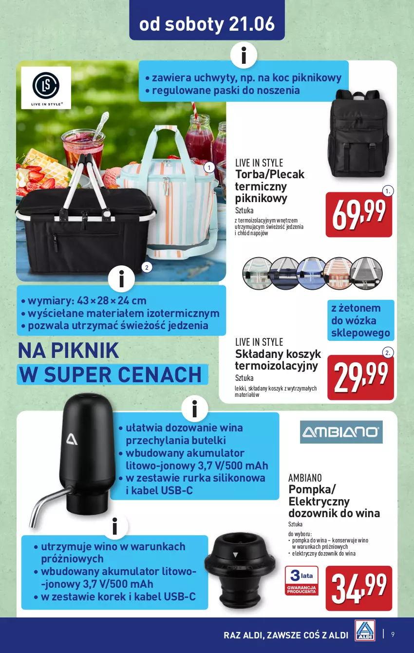 Gazetka promocyjna Aldi - Artykuły przemysłowe i tekstylia - ważna 18.06 do 21.06.2025 - strona 9 - produkty: Akumulator, Dozownik, Kabel USB, Koc, Kosz, Plecak, Pompka, Ser, Torba, Uchwyty, Wino