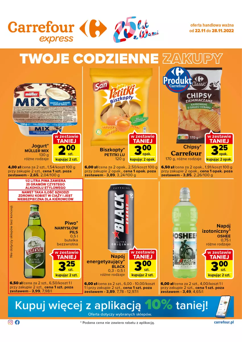 Gazetka promocyjna Carrefour - Gazetka Express - ważna 22.11 do 28.11.2022 - strona 1 - produkty: Biszkopty, Chipsy, Jogurt, Kosz, Namysłów, Napój, Oshee, Piwo