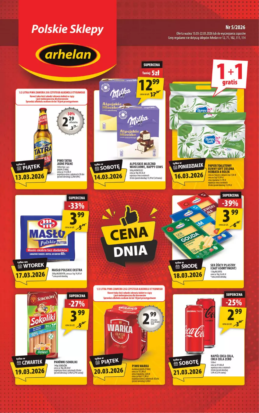 Gazetka promocyjna Arhelan - Gazetka - ważna 13.03 do 22.03.2026 - strona 1 - produkty: Fa, Herbata, Masło, Mleko, Napój, Parówki, Parówki sokoliki, Ser, Sok, Sokołów