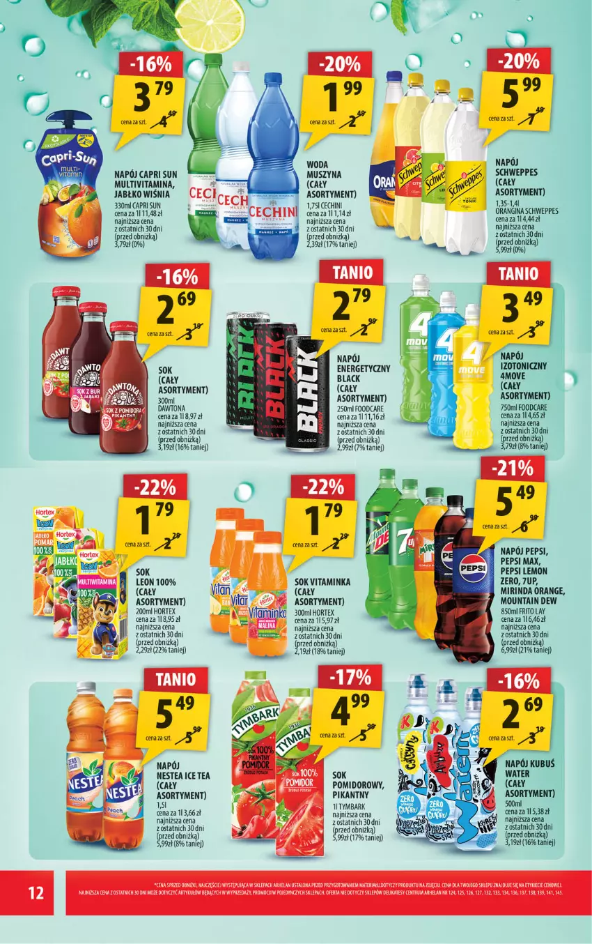 Gazetka promocyjna Arhelan - Gazetka - ważna 13.03 do 22.03.2026 - strona 12 - produkty: 7up, Dawtona, Gin, Hortex, Ice tea, Inka, Kubuś, Lack, Leon, Mirinda, Mus, Napój, Nestea, Pepsi, Pepsi max, Rum, Schweppes, Sok, Szyna, Woda