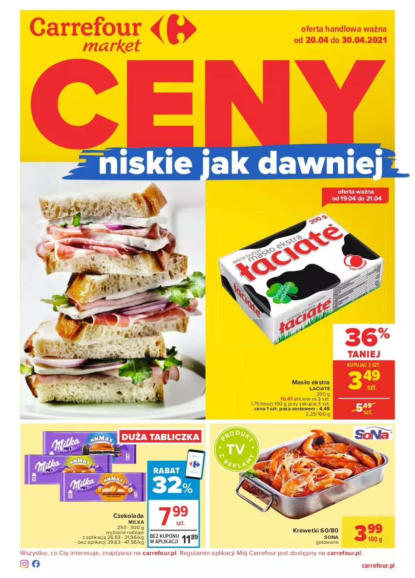 Gazetka promocyjna Carrefour - Gazetka Market - ważna 19.04 do 30.04.2021 - strona 1 - produkty: Czekolada, Kosz, Krewetki, Masło, Milka