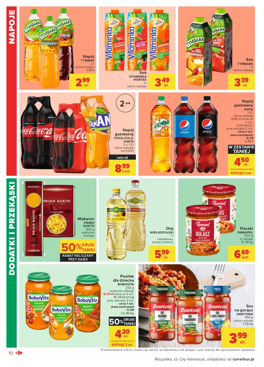 Gazetka promocyjna Carrefour - Gazetka Market - ważna 19.04 do 30.04.2021 - strona 10 - produkty: BoboVita, Coca-Cola, Dawtona, Fa, Fanta, Hortex, Inka, Kosz, Makaron, Napój, Napój gazowany, Napoje, Olej, Pepsi, Sok, Sos, Tymbark