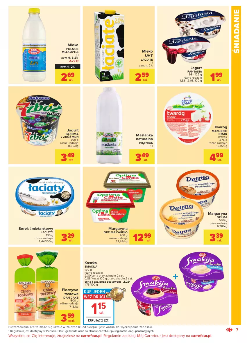 Gazetka promocyjna Carrefour - Gazetka Market - ważna 19.04 do 30.04.2021 - strona 7 - produkty: Bakoma, Dan Cake, Delma, Fa, Fanta, Jogurt, Kosz, Margaryna, Maślanka, Mleko, Mlekovita, Optima, Optima Cardio, Piątnica, Piec, Pieczywo, Ser, Serek, Smakija, Twaróg