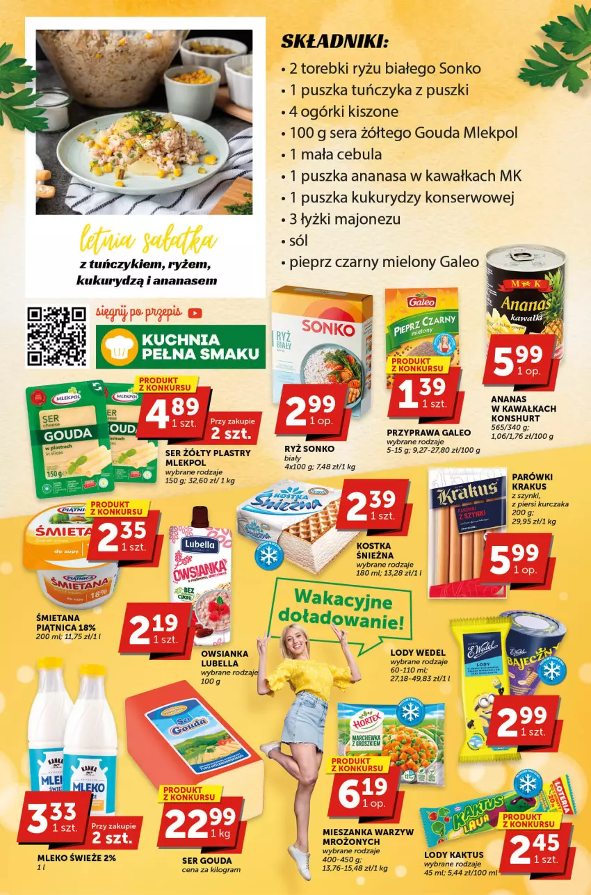 Gazetka promocyjna Groszek - ważna 15.06 do 27.06.2023 - strona 2 - produkty: Ananas, Bell, Bella, Cebula, Fa, Gouda, Gra, Kaktus, Kawa, Krakus, Kuchnia, Kurczak, Lody, Lubella, Majonez, Mieszanka warzyw, Mleko, Owsianka, Parówki, Piątnica, Pieprz, Ryż, Ser, Sól, Sonko, Tuńczyk