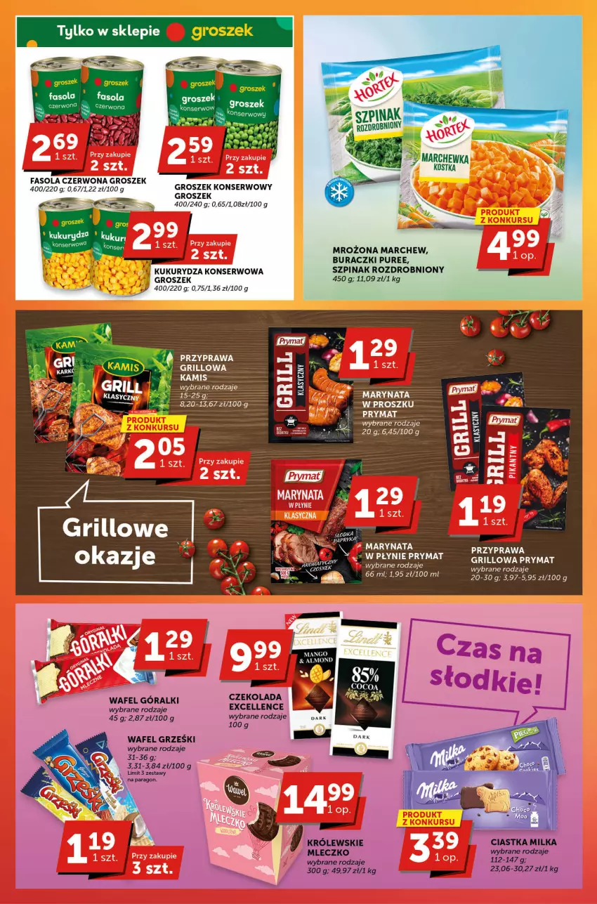 Gazetka promocyjna Groszek - ważna 15.06 do 27.06.2023 - strona 7 - produkty: Buraczki, Ciastka, Czekolada, Fa, Fasola, Gin, Grill, Groszek, Grześki, Kamis, Królewski, Kukurydza, Kukurydza konserwowa, Mango, Milka, Mleczko, Pur, Ser, Szpinak