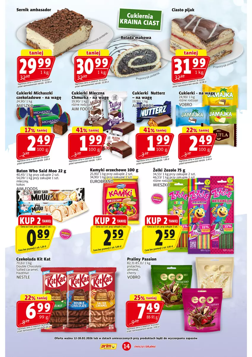 Gazetka promocyjna Prim Market - ważna 12.02 do 18.02.2026 - strona 14 - produkty: Baton, Cukier, Cukierki, Czekolada, Kit Kat, Kokos, Praliny