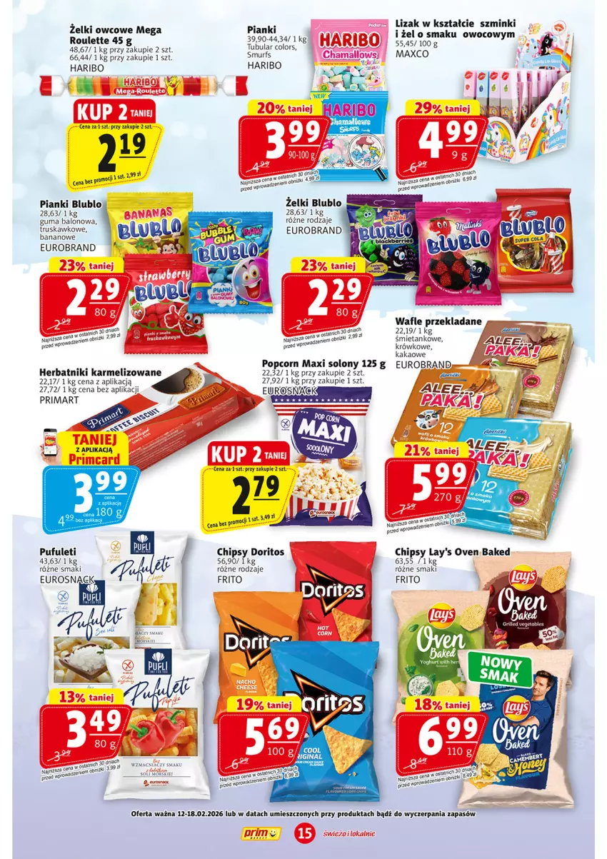 Gazetka promocyjna Prim Market - ważna 12.02 do 18.02.2026 - strona 15 - produkty: Chipsy, Haribo, Herbatniki, Kakao, Popcorn, Prima, Puf, Wafle