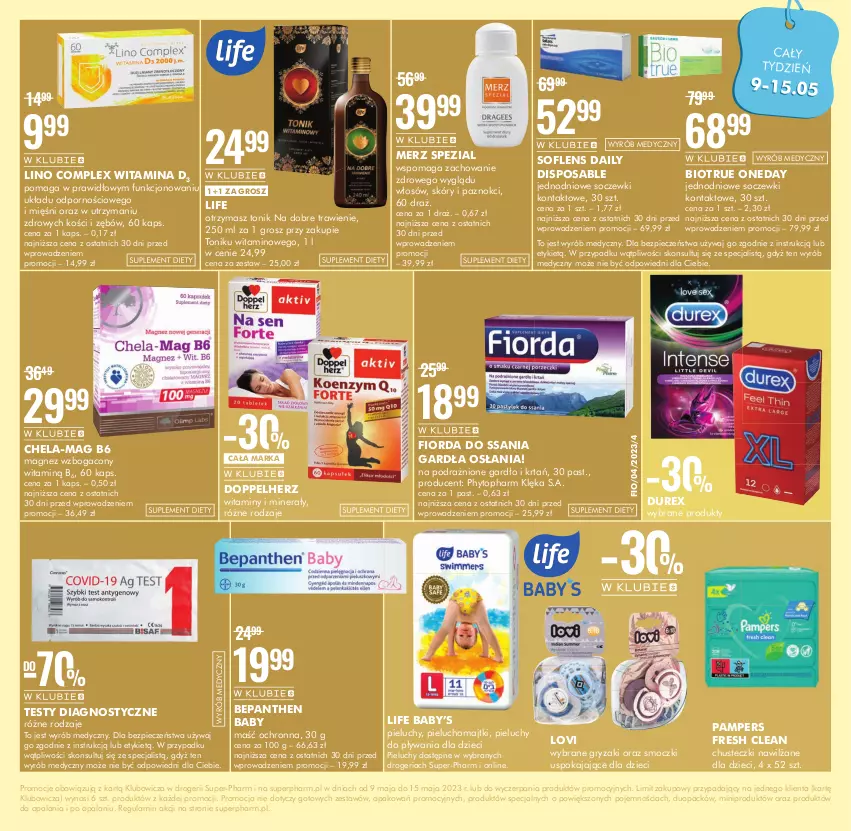 Gazetka promocyjna Super Pharm - Gazetka - ważna 09.05 do 15.05.2023 - strona 11 - produkty: Bepanthen, Chusteczki, Doppelherz, Durex, Dzieci, Fiorda, Gry, Lovi, Magnez, Majtki, Merz Spezial, Pampers, Phyto, Piec, Pieluchomajtki, Pieluchy, Por, Soczewki kontaktowe, Suplement diety, Tonik, Top