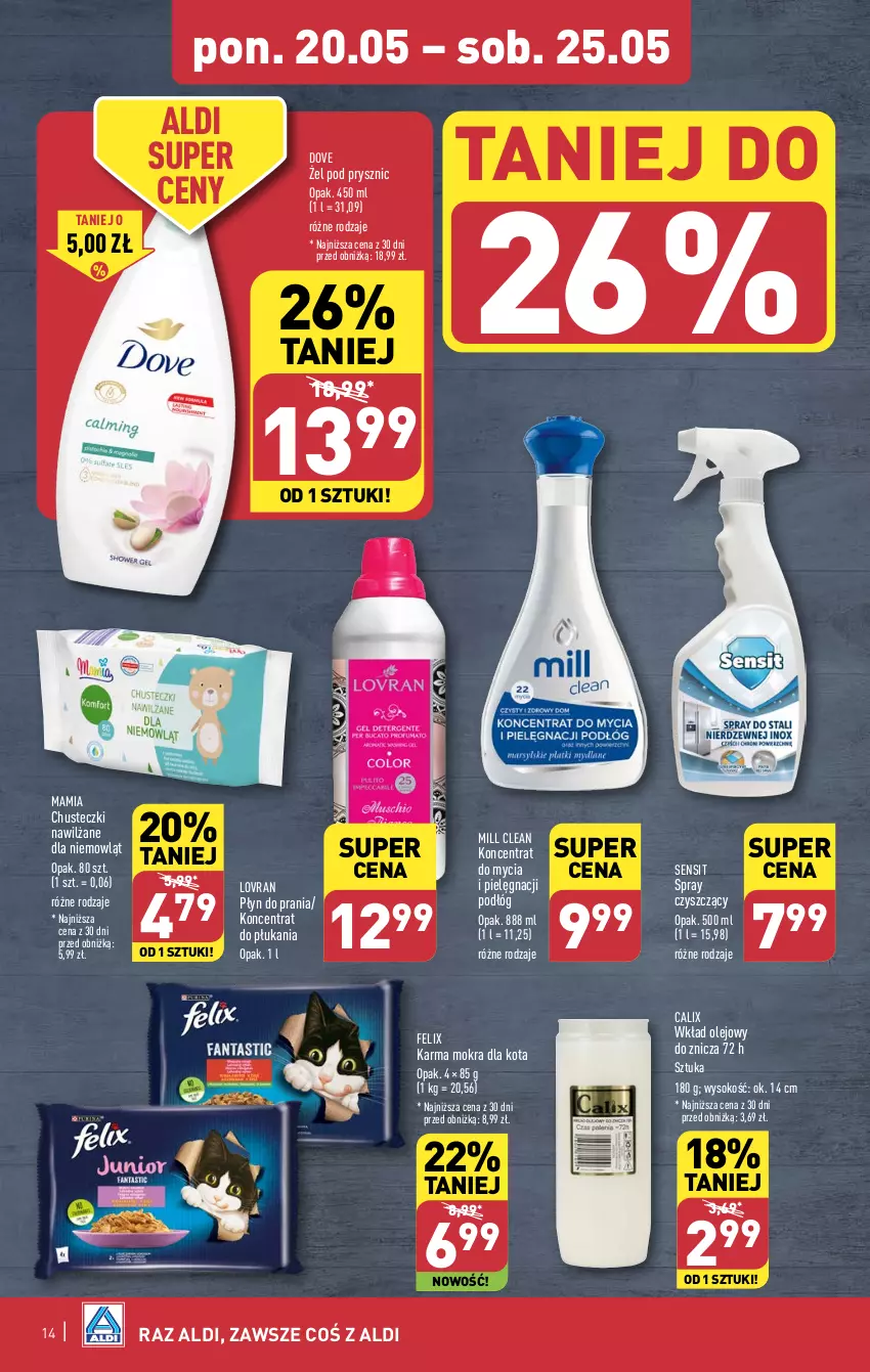 Gazetka promocyjna Aldi - Pełna oferta - ważna 20.05 do 25.05.2024 - strona 14 - produkty: Chusteczki, Dove, Felix, Olej, Płyn do prania, Sok, Wkład olejowy, Znicz