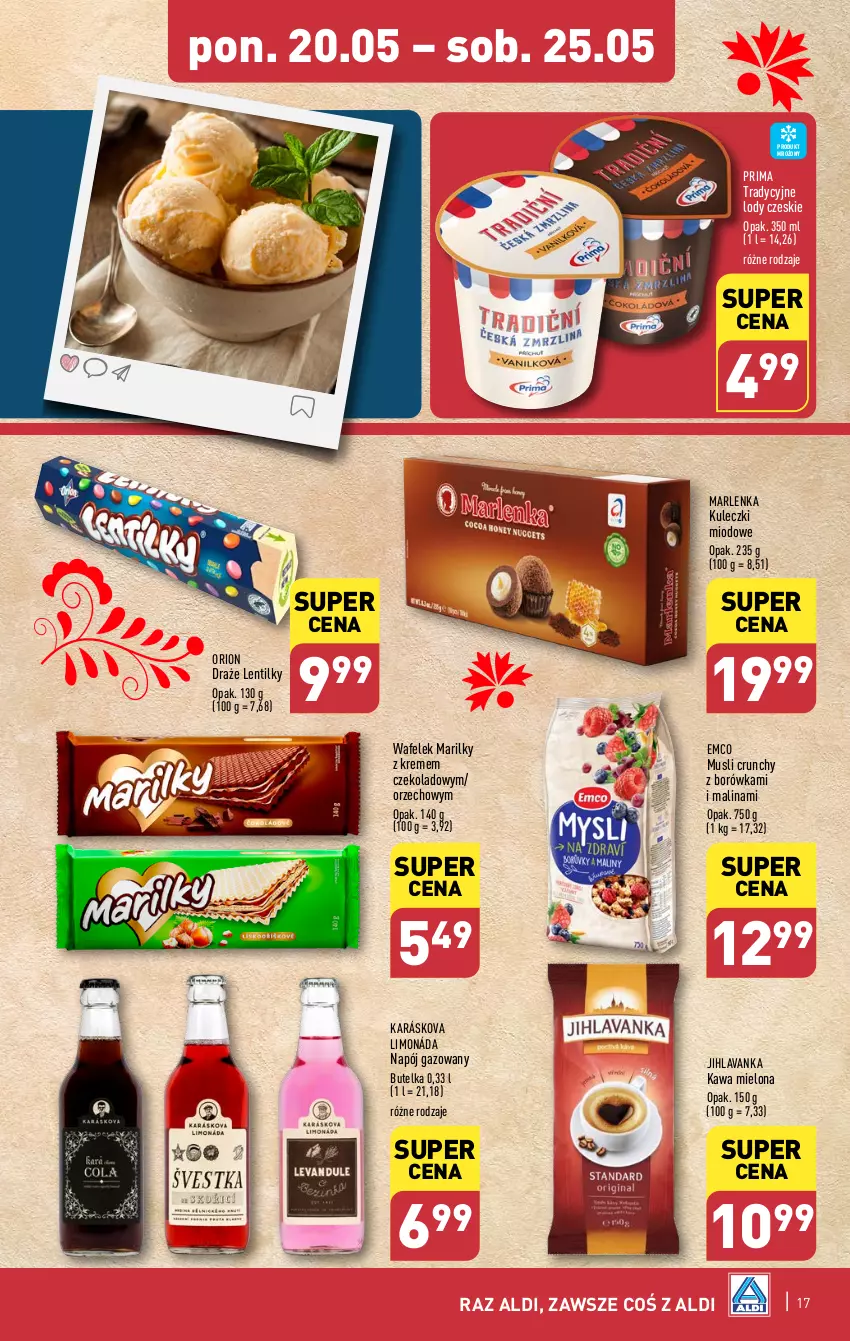 Gazetka promocyjna Aldi - Pełna oferta - ważna 20.05 do 25.05.2024 - strona 17 - produkty: Borówka, Kawa, Kawa mielona, Lody, Mus, Napój, Napój gazowany, Prima, Wafelek