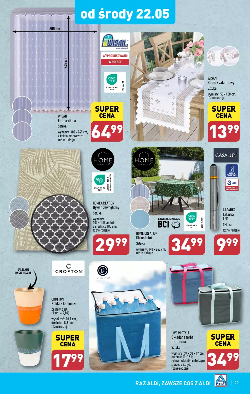 Gazetka promocyjna Aldi - Pełna oferta - ważna 20.05 do 25.05.2024 - strona 29 - produkty: Bateria, Bieżnik, Dywan, Firana, Latarka, Latarka LED, Mars, Obrus, Sok, Tarka, Torba, Wkładki