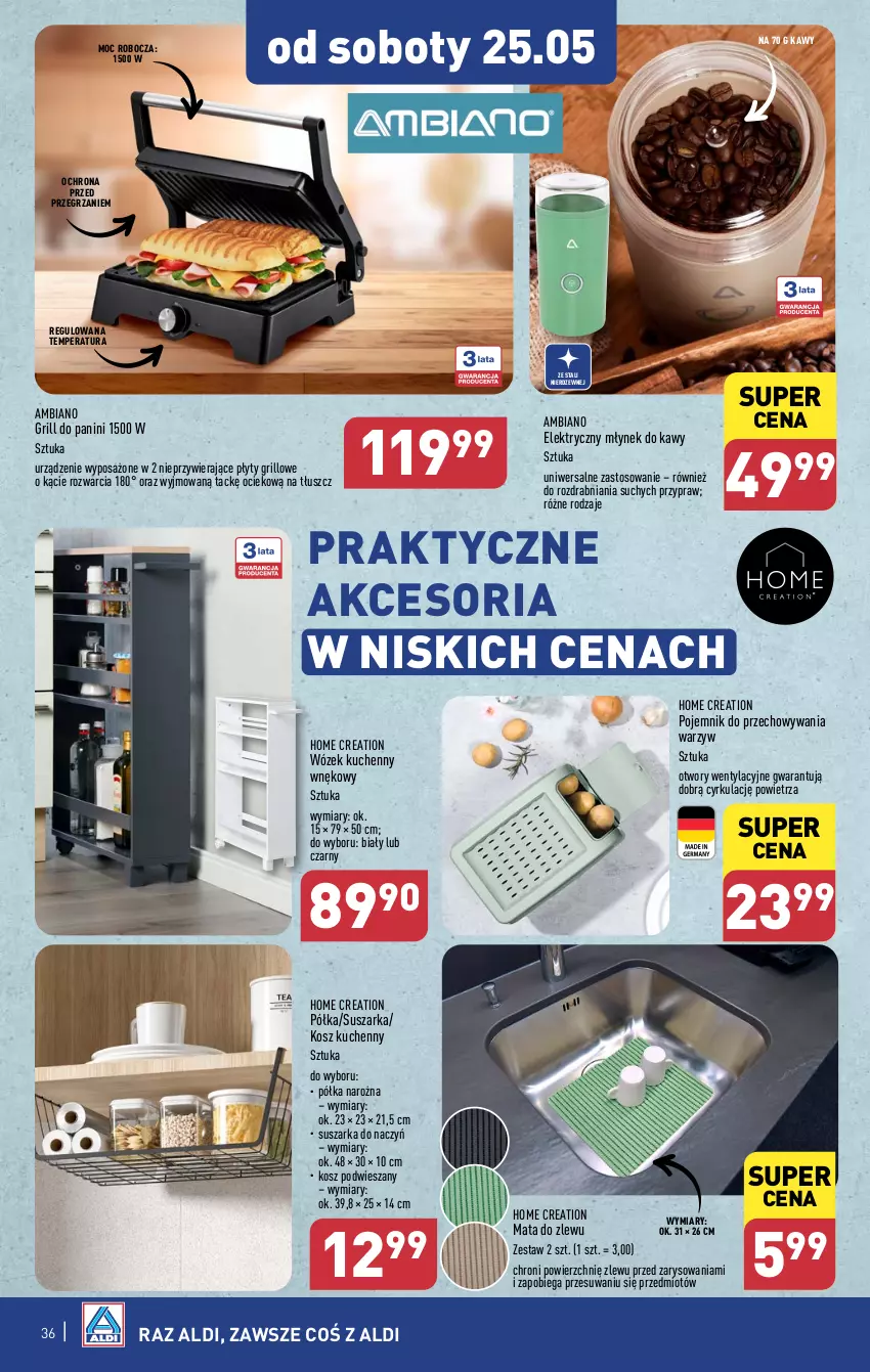 Gazetka promocyjna Aldi - Pełna oferta - ważna 20.05 do 25.05.2024 - strona 36 - produkty: Grill, Kosz, Młynek, Młynek do kawy, Pojemnik, Pojemnik do przechowywania, Półka, Suszarka, Suszarka do naczyń, Wózek, Zlew