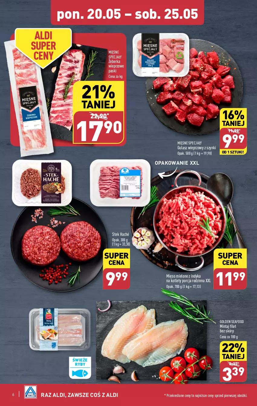 Gazetka promocyjna Aldi - Pełna oferta - ważna 20.05 do 25.05.2024 - strona 6 - produkty: Golden Seafood, Kotlet, Mięsne specjały, Mięso, Mięso mielone, Mintaj, Por, Stek