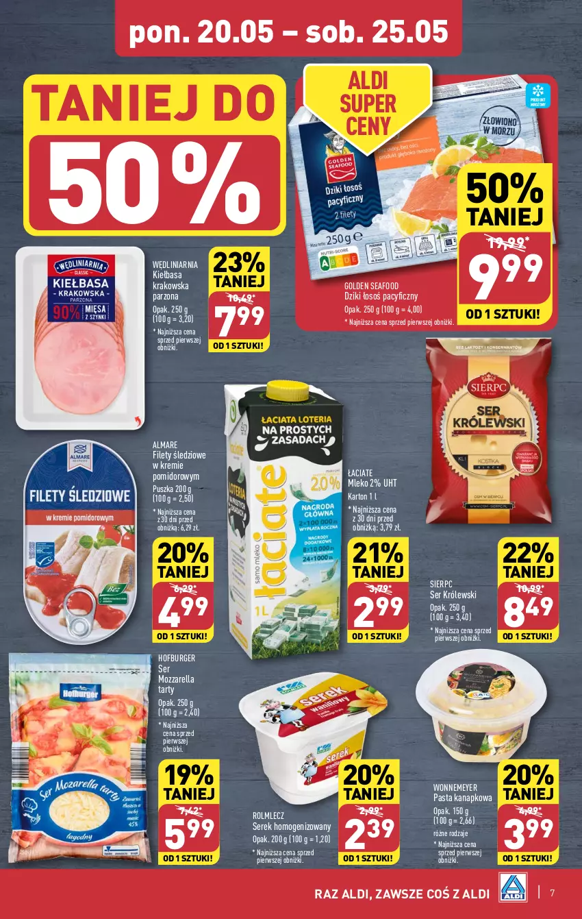 Gazetka promocyjna Aldi - Pełna oferta - ważna 20.05 do 25.05.2024 - strona 7 - produkty: Burger, Golden Seafood, Hofburger, Kiełbasa, Kiełbasa krakowska, Królewski, Mleko, Mozzarella, Rolmlecz, Ser, Serek, Serek homogenizowany