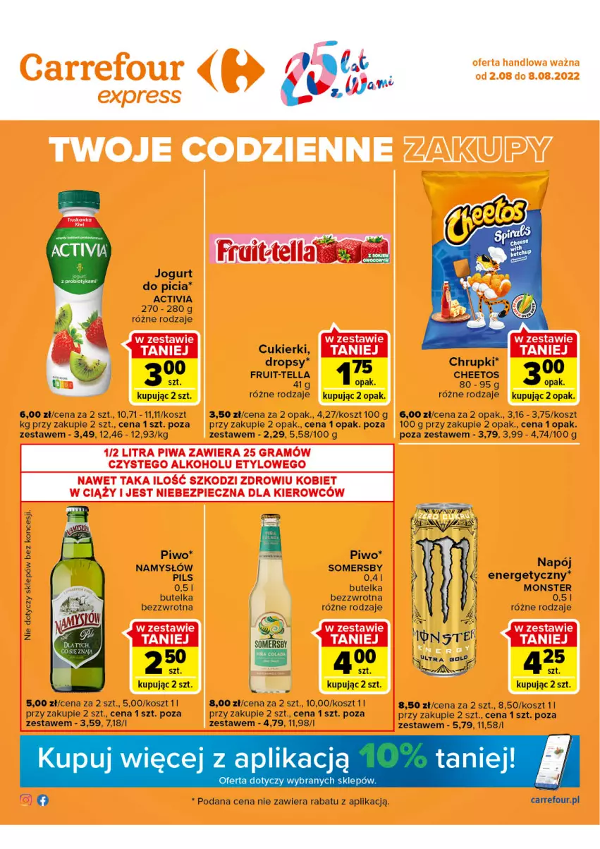 Gazetka promocyjna Carrefour - Gazetka Express - ważna 02.08 do 08.08.2022 - strona 1 - produkty: Activia, Cheetos, Chrupki, Cukier, Cukierki, Jogurt, Kosz, Namysłów, Piwo, Probiotyk, Somersby