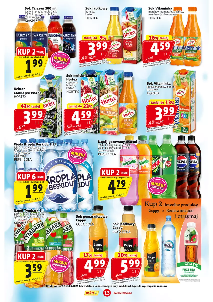 Gazetka promocyjna Prim Market - ważna 12.09 do 18.09.2024 - strona 13 - produkty: Cappy, Hortex, Inka, Mango, Napój, Napój gazowany, Pepsi, Por, Sok, Sok jabłkowy, Sok pomarańczowy