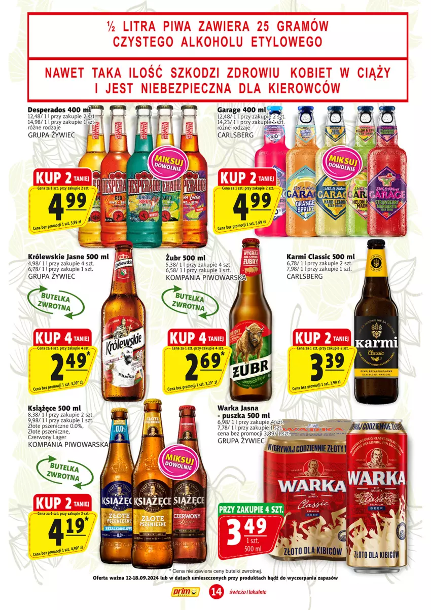 Gazetka promocyjna Prim Market - ważna 12.09 do 18.09.2024 - strona 14 - produkty: BIC, Carlsberg, Desperados, Karmi, Królewski, Książęce, Piwo, Warka