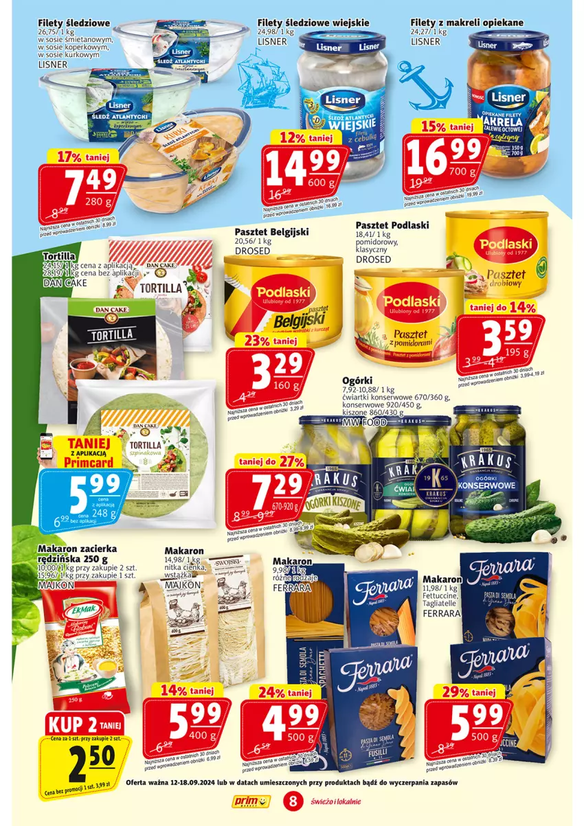 Gazetka promocyjna Prim Market - ważna 12.09 do 18.09.2024 - strona 8 - produkty: Dan Cake, LG, Lisner, Makaron, Pasztet, Podlaski, Ser, Sos, Tagliatelle, Tortilla, Wazon, Wstążka