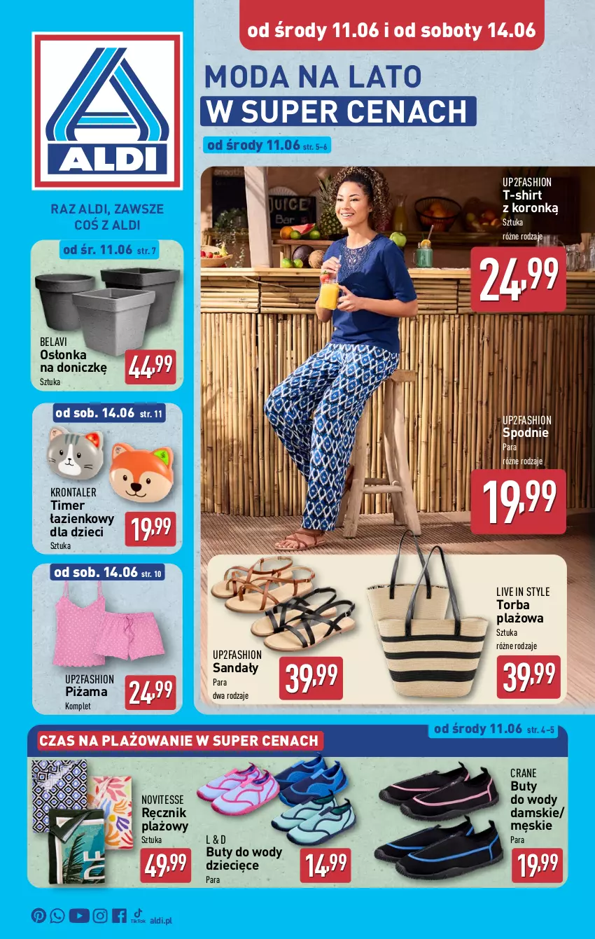 Gazetka promocyjna Aldi - Artykuły przemysłowe i tekstylia - ważna 11.06 do 14.06.2025 - strona 1 - produkty: Buty, Buty do wody, Dzieci, Fa, Moda, Osłonka, Piżama, Ręcznik, Sandał, Spodnie, T-shirt, Torba