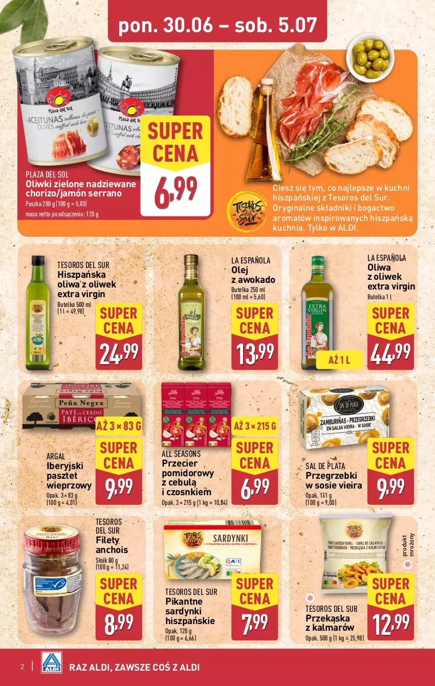 Gazetka promocyjna Aldi - Tydzień Hiszpański - ważna 30.06 do 05.07.2025 - strona 2 - produkty: All Seasons, Gin, Jamón serrano, Kalmar, Olej, Oliwa z oliwek, Oliwki, Oliwki zielone, Pasztet, Sardynki, Ser, Sos
