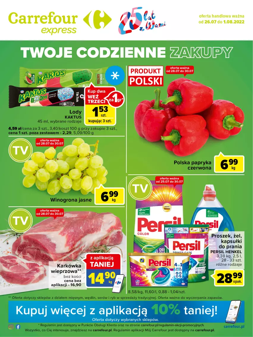 Gazetka promocyjna Carrefour - Gazetka Express - ważna 26.07 do 01.08.2022 - strona 1 - produkty: Kaktus, Kapsułki do prania, Kosz, Lody, Papryka, Persil, Ser, Wino, Winogrona