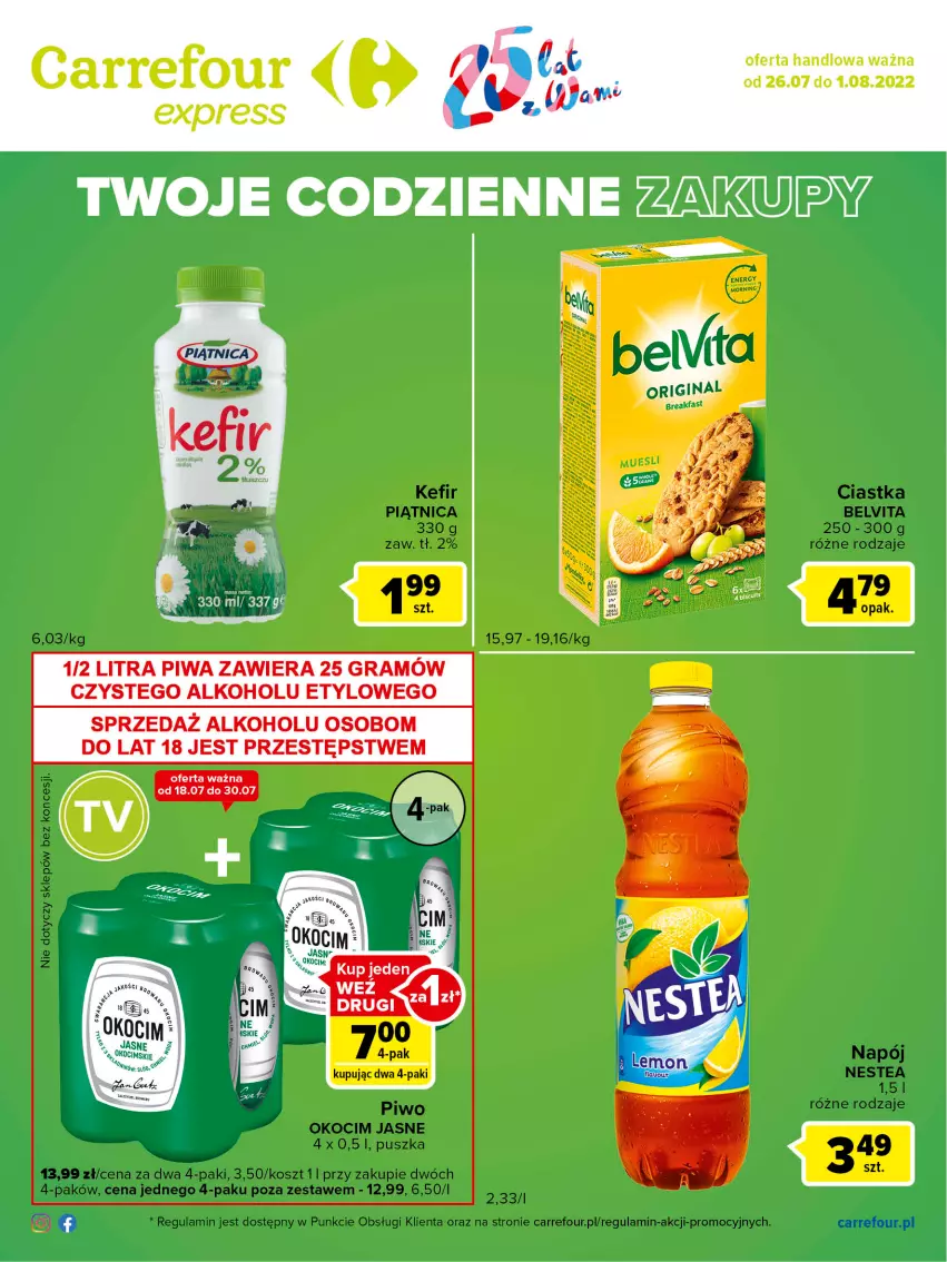 Gazetka promocyjna Carrefour - Gazetka Express - ważna 26.07 do 01.08.2022 - strona 2 - produkty: BelVita, Ciastka, Fa, Kefir, Koc, Kosz, Napój, Nestea, Okocim, Piątnica, Piwo