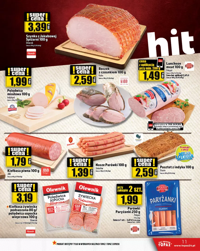 Gazetka promocyjna Topaz - Gazetka - ważna 29.08 do 04.09.2024 - strona 11 - produkty: Boczek, Kiełbasa, Kiełbasa piwna, Mus, Olewnik, Pasztet, Pasztet z indyka, Polędwica, Szynka, Top, Wagi