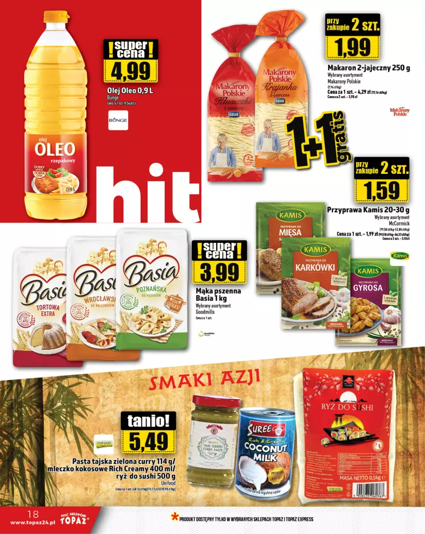 Gazetka promocyjna Topaz - Gazetka - ważna 29.08 do 04.09.2024 - strona 18 - produkty: Basia, Kamis, Kokos, Makaron, Mleczko, Ryż, Ryż do sushi, Sushi, Top