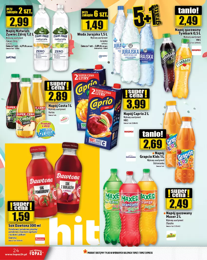 Gazetka promocyjna Topaz - Gazetka - ważna 29.08 do 04.09.2024 - strona 24 - produkty: Dawtona, Gra, Hortex, Maxer, Napój, Napój gazowany, Sok, Top, Tymbark, Woda