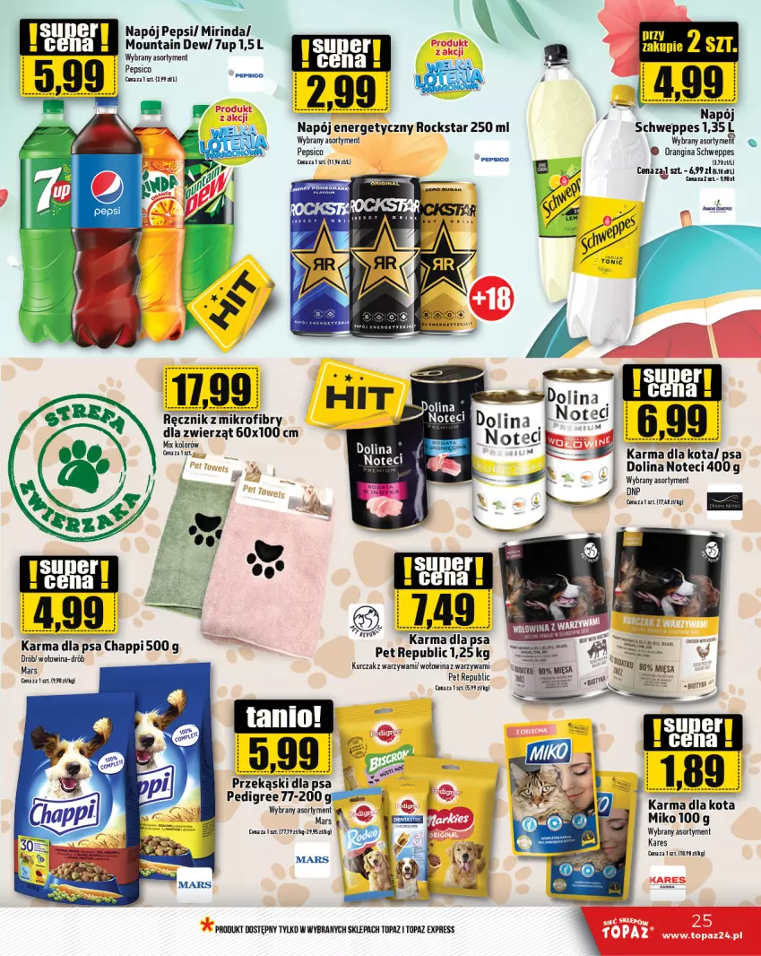 Gazetka promocyjna Topaz - Gazetka - ważna 29.08 do 04.09.2024 - strona 25 - produkty: 7up, Chappi, Gin, Kurczak, Mars, Mirinda, Napój, Napój energetyczny, Pedigree, Pepsi, Przekąski dla psa, Schweppes, Top, Warzywa, Wołowina