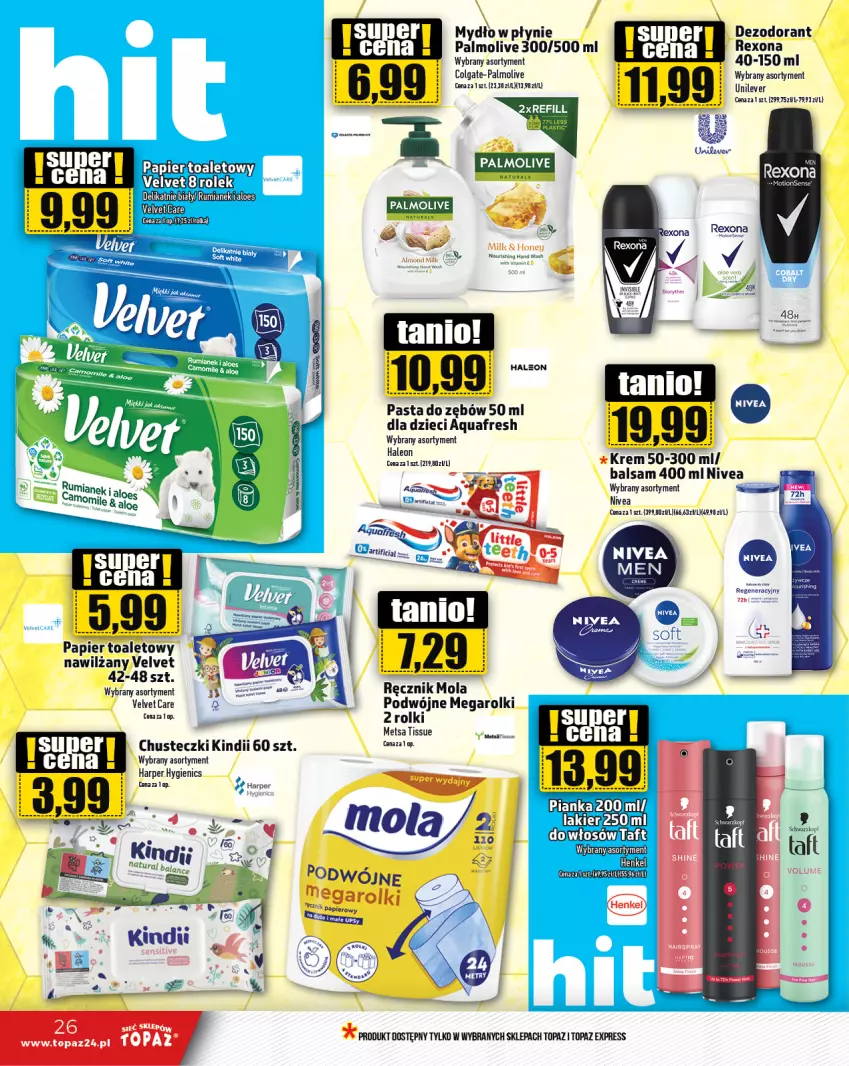 Gazetka promocyjna Topaz - Gazetka - ważna 29.08 do 04.09.2024 - strona 26 - produkty: Aquafresh, Chusteczki, Colgate, Dezodorant, Dzieci, Kindii, LG, Mola, Mydło, Mydło w płynie, Nivea, Palmolive, Papier, Papier toaletowy, Ręcznik, Rexona, Rolki, Top, Velvet