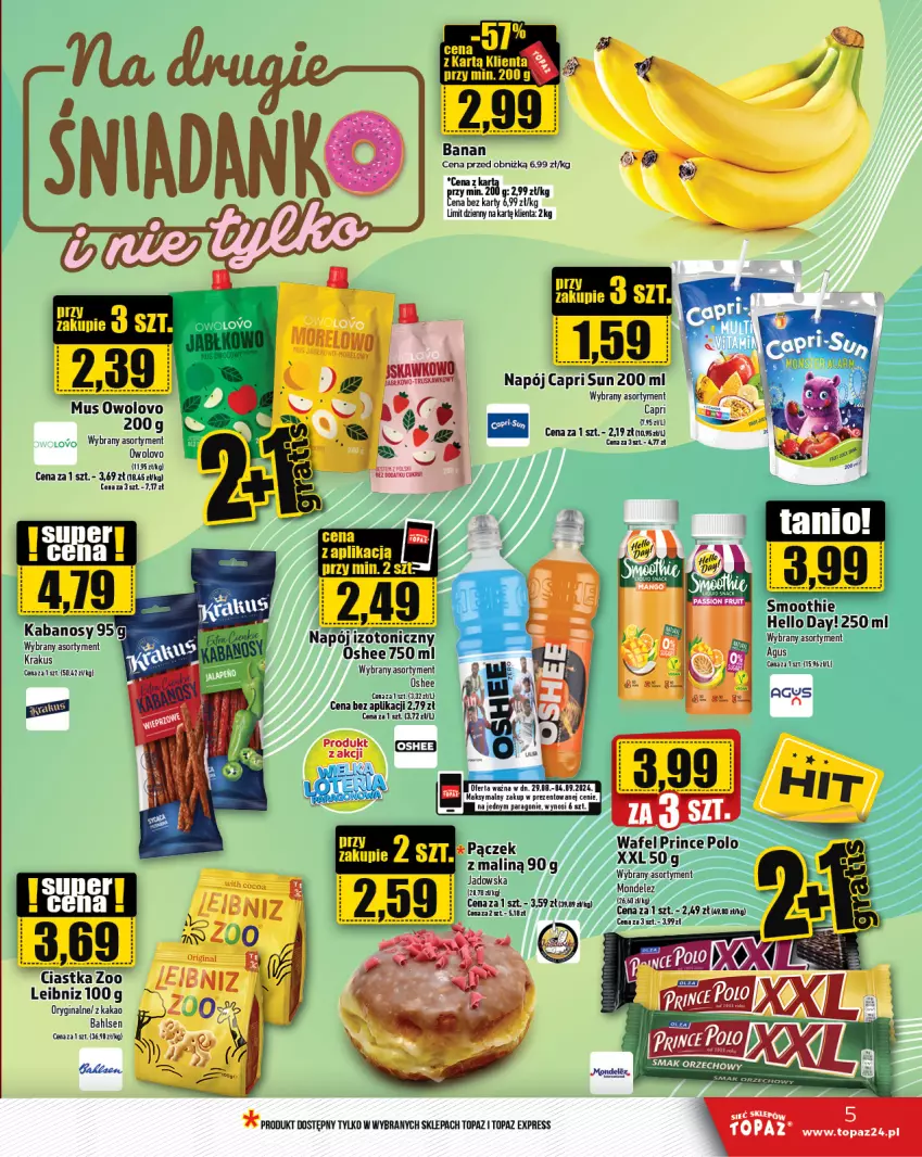 Gazetka promocyjna Topaz - Gazetka - ważna 29.08 do 04.09.2024 - strona 5 - produkty: Gin, Kakao, Krakus, Mus, Napój, Napój izotoniczny, Oshee, Prince Polo, Smoothie, Top