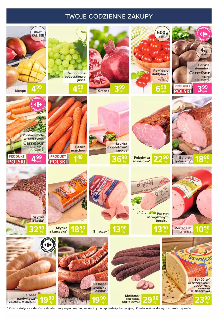 Gazetka promocyjna Carrefour - Gazetka Express - ważna 05.10 do 11.10.2021 - strona 5 - produkty: Gouda, Gra, Granat, Kiełbasa, Krakus, Kurczak, Mango, Pasztet, Polędwica, Pomidory, Por, Ser, Sos, Sport, Szynka, Wino, Winogrona, Winogrona bezpestkowe, Włoszczowski, Ziemniaki