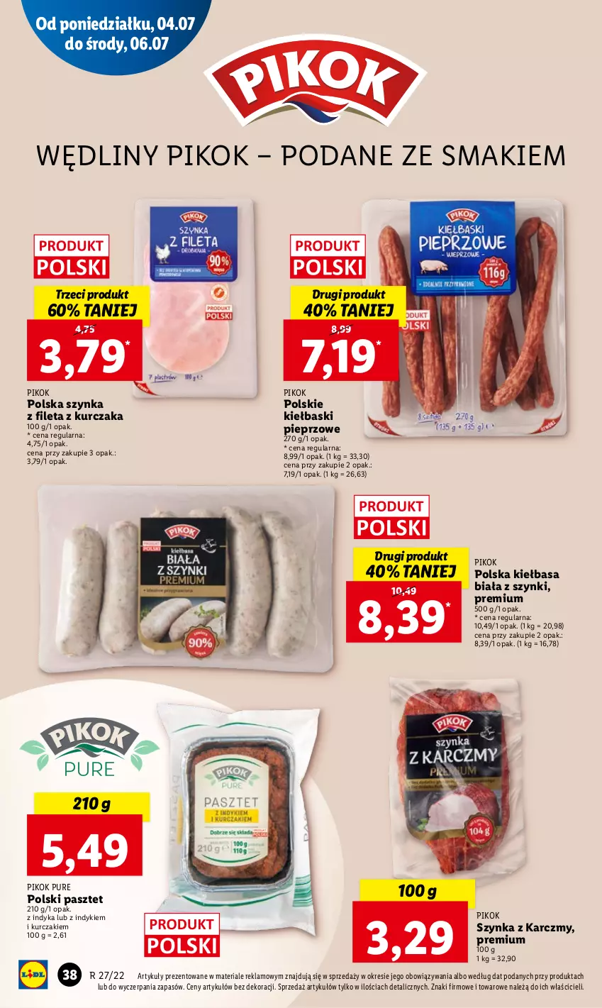 Gazetka promocyjna Lidl - GAZETKA - ważna 07.07 do 09.07.2022 - strona 38 - produkty: Kiełbasa, Kiełbasa biała, Kiełbaski pieprzowe, Kosz, Kurczak, Pasztet, Pieprz, PIKOK, Pur, Szynka