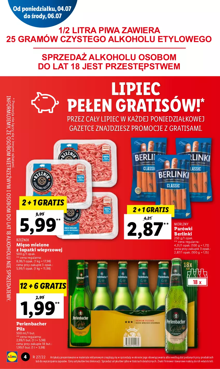 Gazetka promocyjna Lidl - GAZETKA - ważna 07.07 do 09.07.2022 - strona 4 - produkty: Berlinki, Gra, Mięso, Mięso mielone, Mięso mielone z łopatki wieprzowej, Morliny, NBA, Parówki, Piec, Piwa