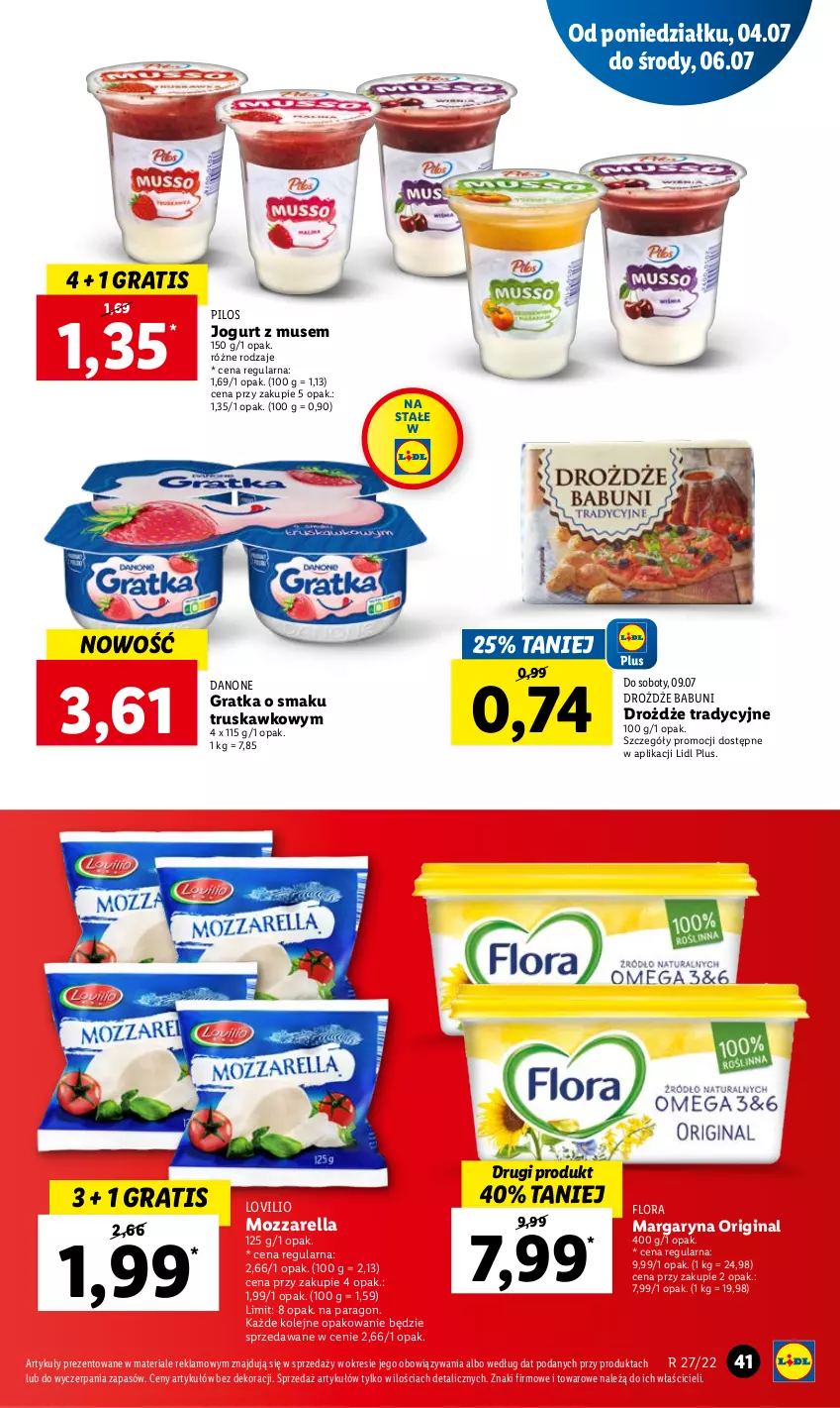 Gazetka promocyjna Lidl - GAZETKA - ważna 07.07 do 09.07.2022 - strona 41 - produkty: Babuni, Danone, Drożdże, Flora, Gin, Gra, Jogurt, Lovi, Margaryna, Mozzarella, Mus, Olej, Pilos