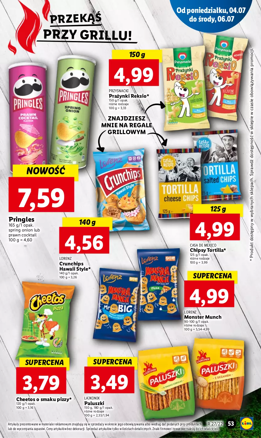 Gazetka promocyjna Lidl - GAZETKA - ważna 07.07 do 09.07.2022 - strona 53 - produkty: Cheetos, Chipsy, Crunchips, Grill, Lajkonik, Lorenz, Monster Munch, Pringles, Przysnacki, Tortilla