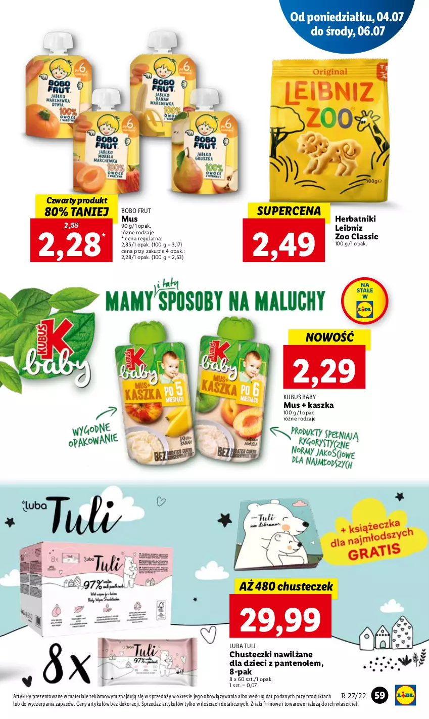 Gazetka promocyjna Lidl - GAZETKA - ważna 07.07 do 09.07.2022 - strona 59 - produkty: Chusteczki, Dzieci, Herbatniki, Kubuś, Mus