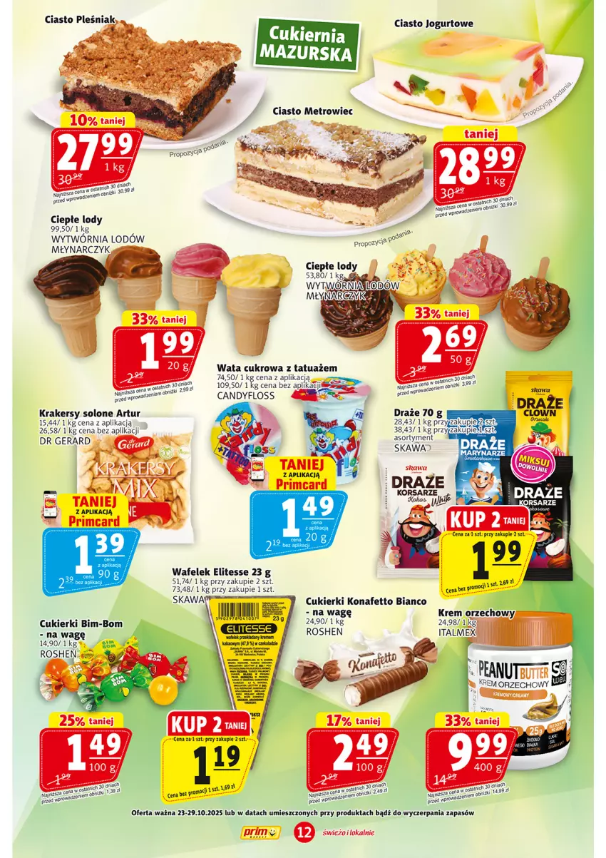 Gazetka promocyjna Prim Market - ważna 23.10 do 29.10.2025 - strona 12 - produkty: Artur, Candy, Ciasto jogurtowe, Ciepłe lody, Cukier, Cukierki, Dr Gerard, Jogurt, Kawa, Krakersy, Lody, Por, Wafelek, Wata cukrowa