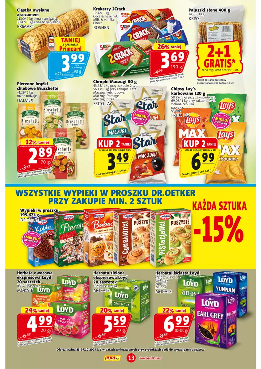 Gazetka promocyjna Prim Market - ważna 23.10 do 29.10.2025 - strona 13 - produkty: Bruschette, Chipsy, Chleb, Ciastka, Ciastka owsiane, Earl Grey, Herbata, Herbata owocowa, Krakersy, Loyd, Papryka, Piec, Pizza, Por, Prima, Ser, Sezam, Sól, Woal