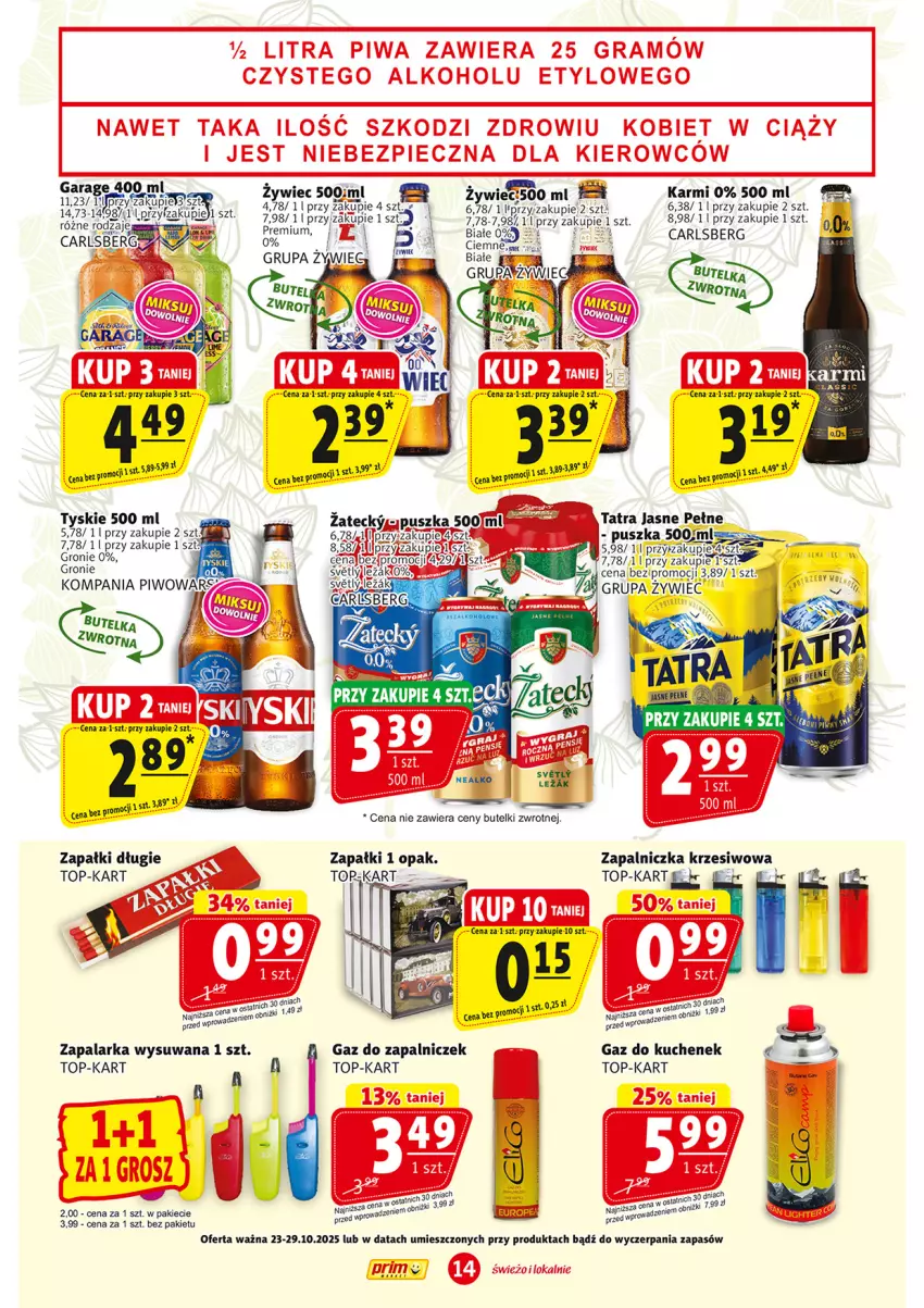 Gazetka promocyjna Prim Market - ważna 23.10 do 29.10.2025 - strona 14 - produkty: Carlsberg, Karmi, Tatra, Top, Tyskie, Zapalarka, Zapalniczka
