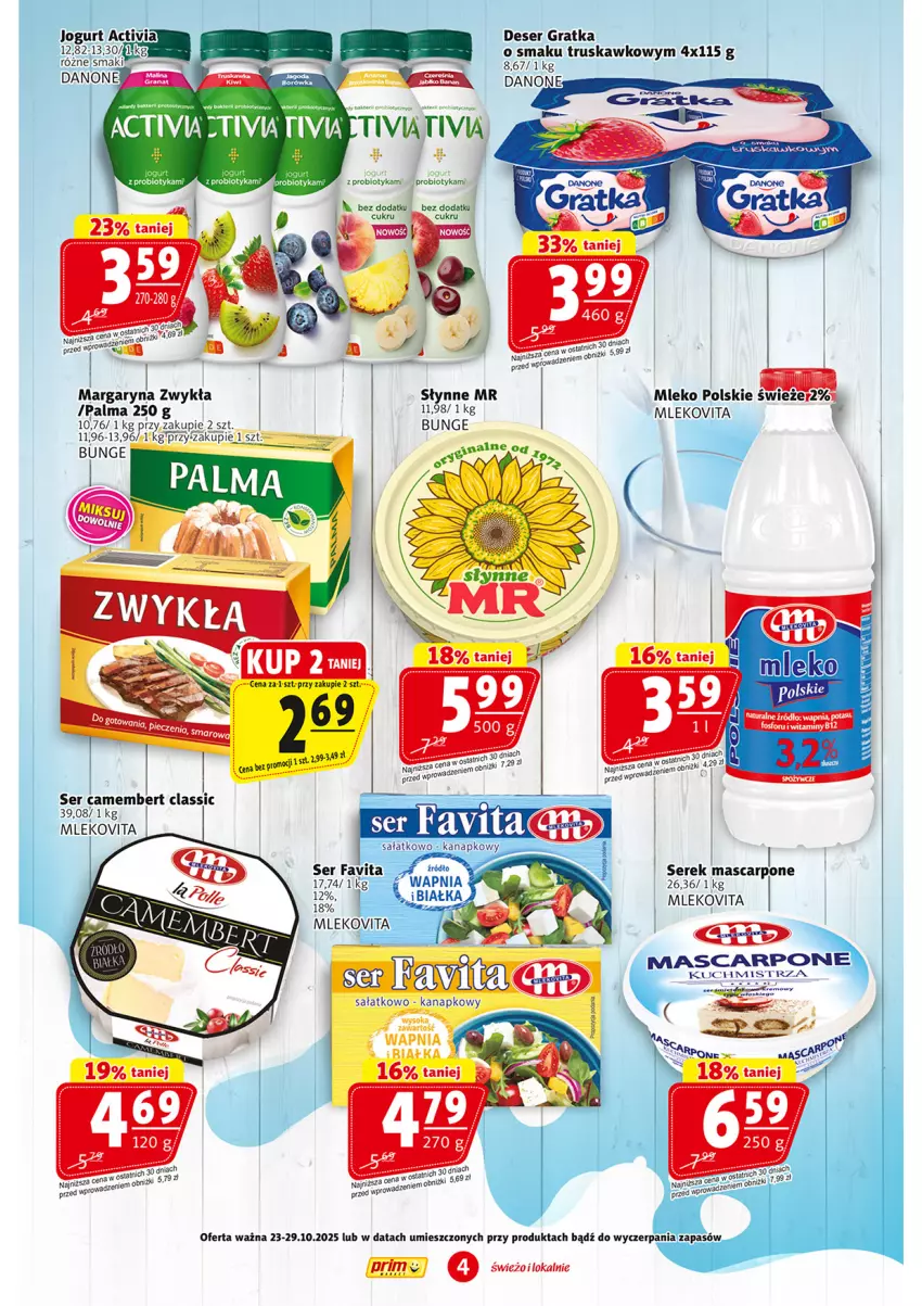 Gazetka promocyjna Prim Market - ważna 23.10 do 29.10.2025 - strona 4 - produkty: Deser, Gra, Margaryna, Mascarpone, Mleko, Mlekovita, Palma, Probiotyk, Ser, Serek, Słynne
