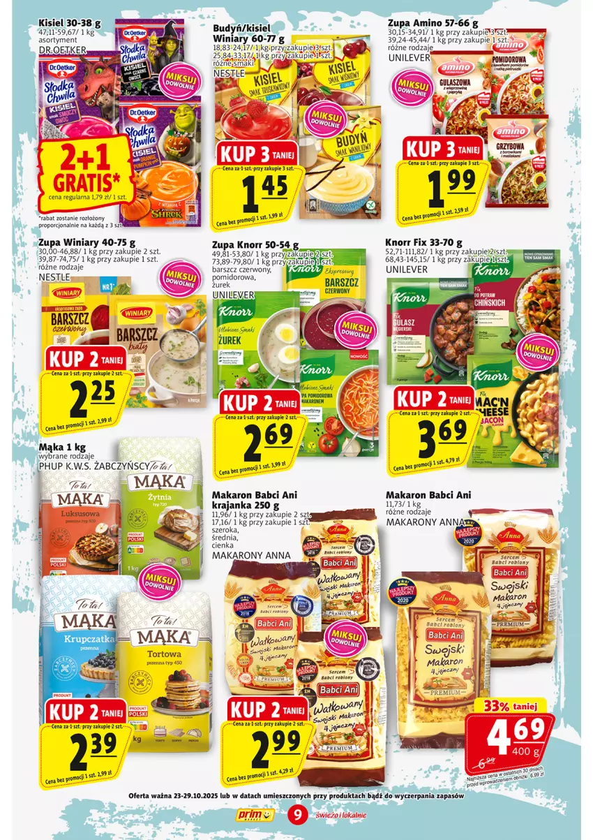 Gazetka promocyjna Prim Market - ważna 23.10 do 29.10.2025 - strona 9 - produkty: Budyń, Kisiel, Mąka, Makaron, Por, Ser, Winiary, Zupa