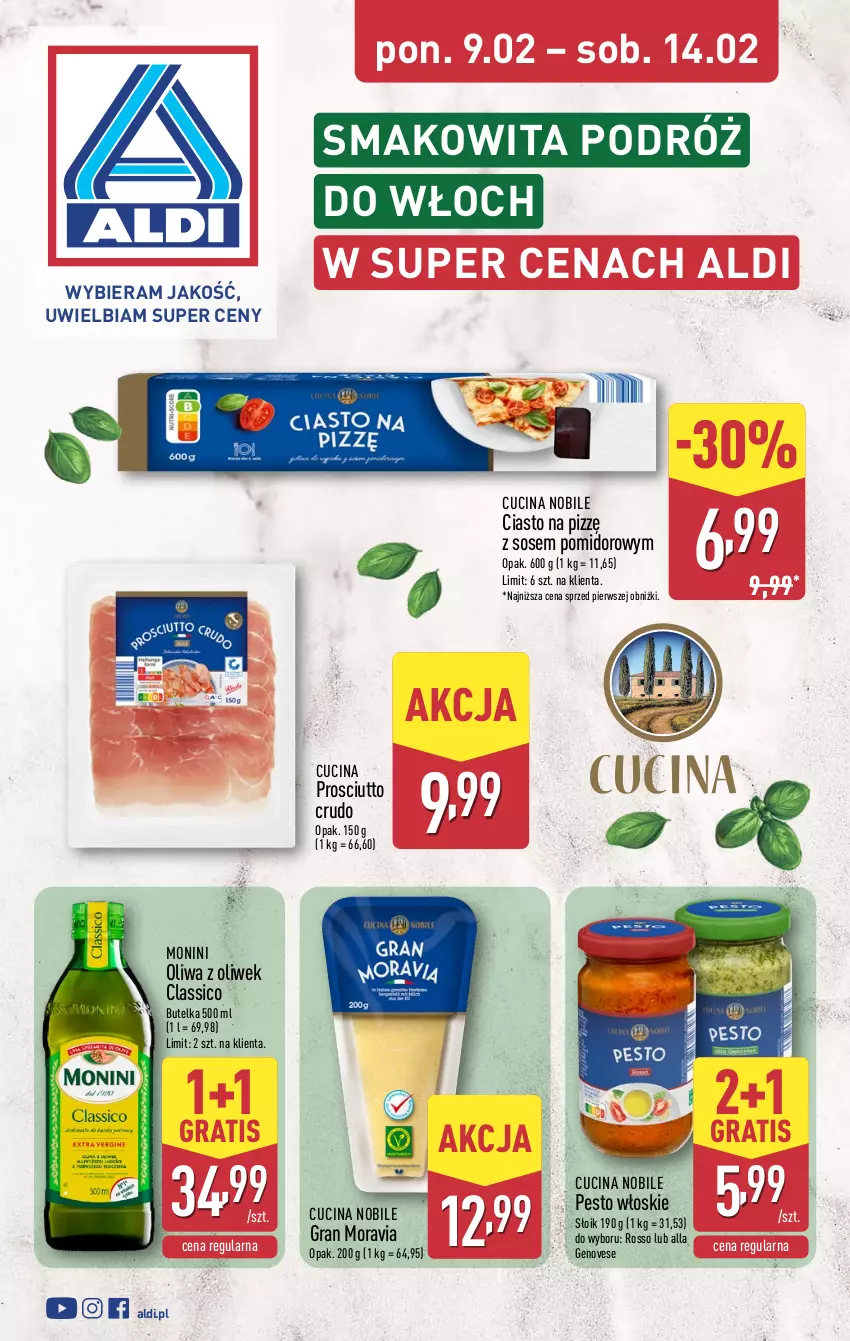 Gazetka promocyjna Aldi - Smakowita podróż do Włoch - ważna 09.02 do 14.02.2026 - strona 1 - produkty: Gra, Monini, Oliwa z oliwek, Pesto, Prosciutto, Smakowita, Sos