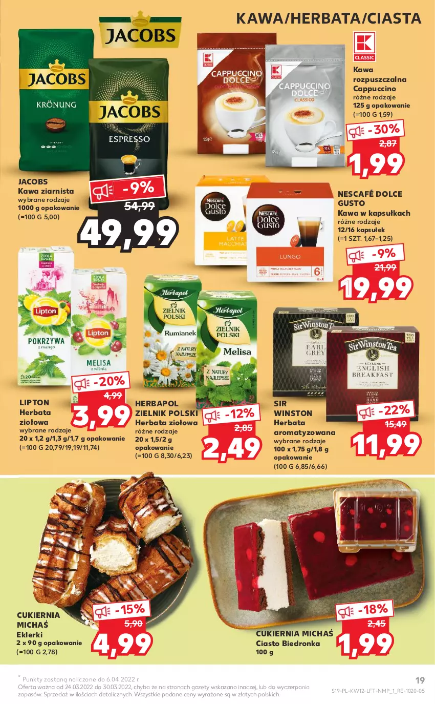 Gazetka promocyjna Kaufland - OFERTA TYGODNIA - ważna 24.03 do 30.03.2022 - strona 19 - produkty: Cappuccino, Cukier, Dolce Gusto, Dron, Herbapol, Herbata, Jacobs, Kawa, Kawa rozpuszczalna, Kawa ziarnista, Lipton, Nescafé, Winston