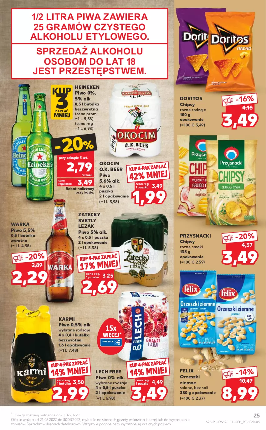 Gazetka promocyjna Kaufland - OFERTA TYGODNIA - ważna 24.03 do 30.03.2022 - strona 25 - produkty: Chipsy, Felix, Gra, Heineken, Karmi, Koc, Okocim, Orzeszki, Orzeszki ziemne, Piwa, Piwo, Przysnacki, Warka