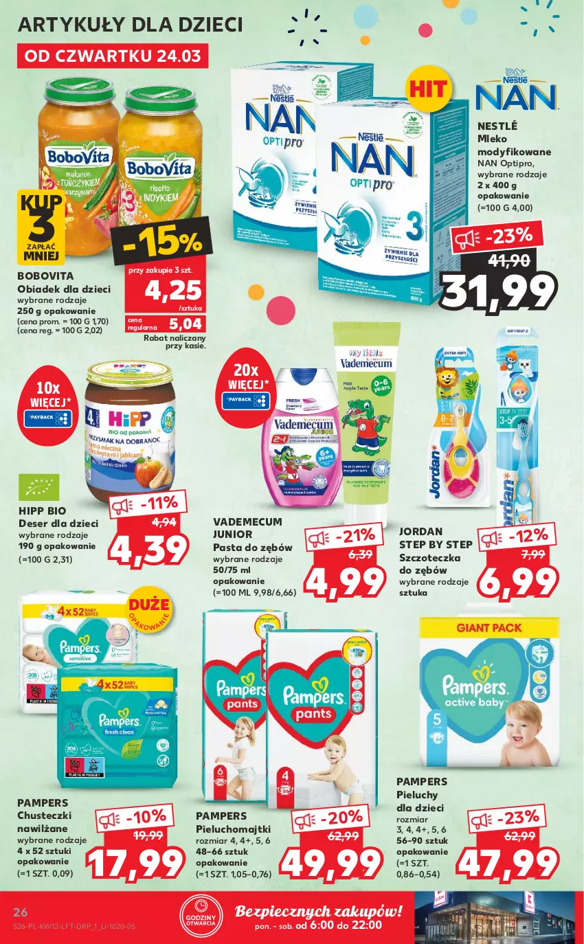 Gazetka promocyjna Kaufland - OFERTA TYGODNIA - ważna 24.03 do 30.03.2022 - strona 26 - produkty: BoboVita, Chusteczki, Deser, Dzieci, HiPP, Hipp Bio, Majtki, Mleko, Mleko modyfikowane, NAN Optipro, Nestlé, Pampers, Pasta do zębów, Piec, Pieluchomajtki, Pieluchy, Ser, Szczoteczka, Szczoteczka do zębów, Vademecum