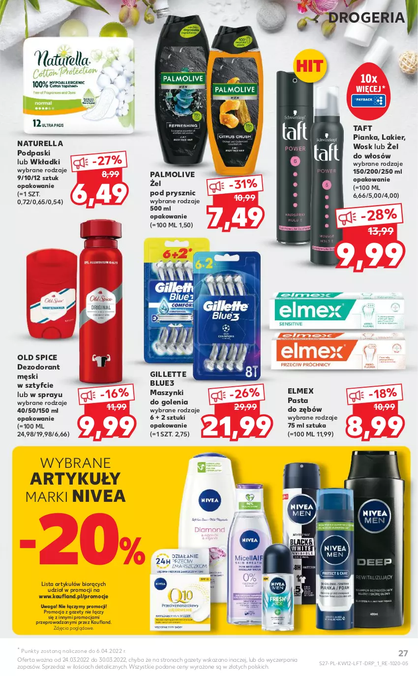 Gazetka promocyjna Kaufland - OFERTA TYGODNIA - ważna 24.03 do 30.03.2022 - strona 27 - produkty: Dezodorant, Elmex, Gillette, Lakier, Naturell, Naturella, Nivea, Old Spice, Palmolive, Pasta do zębów, Podpaski, Taft, Waga, Wkładki