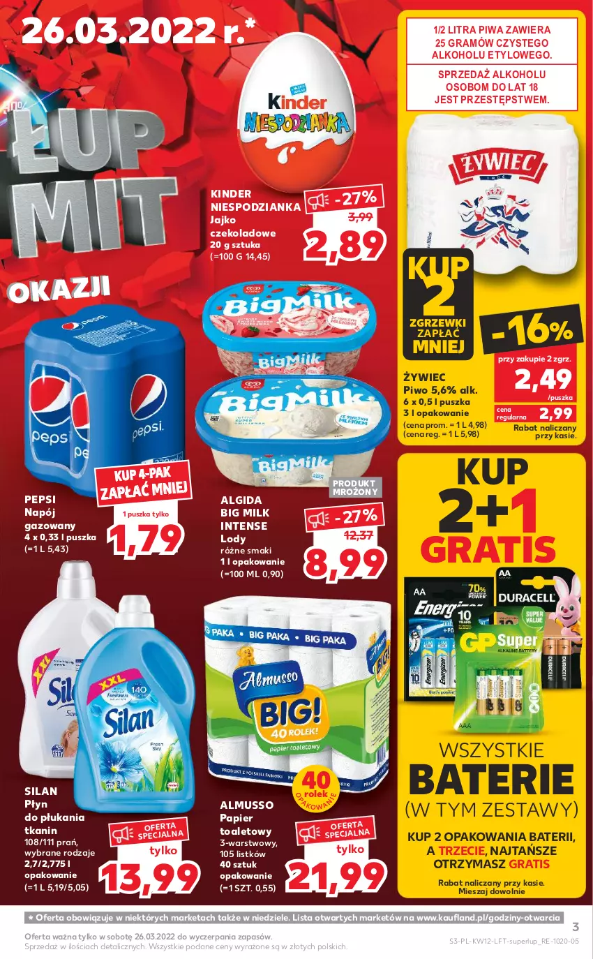 Gazetka promocyjna Kaufland - OFERTA TYGODNIA - ważna 24.03 do 30.03.2022 - strona 3 - produkty: Algida, Big Milk, Gra, Kinder, LG, Lody, Mus, Napój, Napój gazowany, Papier, Papier toaletowy, Pepsi, Piwa, Piwo, Płyn do płukania, Silan